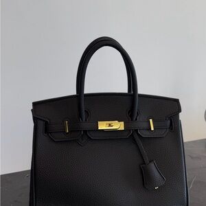 Black Leather Top-Handle Satchel with Gold Hardware